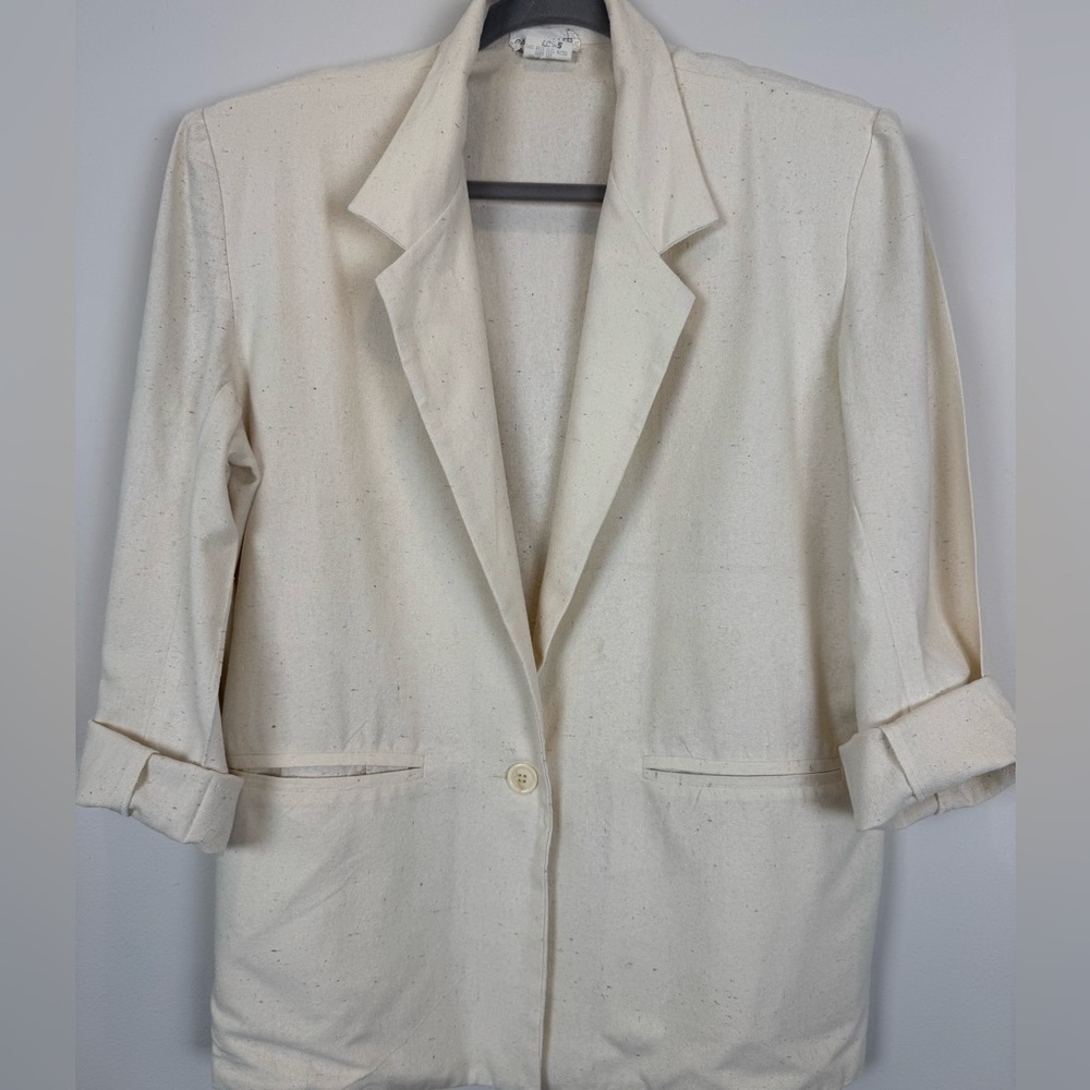 Vintage Carol Miller 100% Silk Cream Oversized Blazer Minimalist Jacket Size 12
